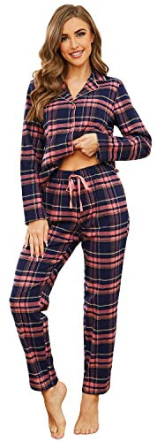Mnemo Home Damen Schlafanzug Lang Flanell Pyjama Damen 100% Baumwolle aus Flanell (Blaues Pulver mit Golddraht, L)