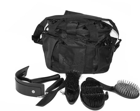 Rhinegold BLACK GROOMING BAG WITH KIT, 7 Pieces Equestrian Grooming Gift Set that Includes All Types of Horse Hair Brush, Curry Comb, and Hoof Pick with a Multipurpose Horse Grooming Bag
