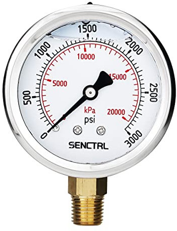 SENCTRL 3000 Psi Glycerin Liquid Filled Hydraulic Pressure Gauge, 2.5 Dial Size, 1/4 NPT Lower Mount, Stainless Steel Case, for Argon Air Co2 Gas Water Oil Pressure Test