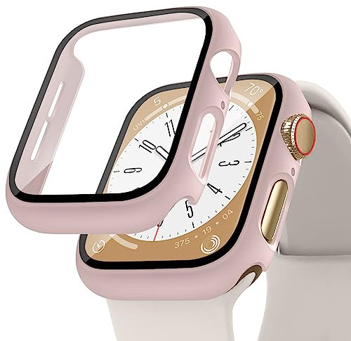 Screen Protector Compatible for Apple Watch Case 45mm 44mm 42mm 41mm 40mm 38mm, Hard PC Case with HD Tempered Glass Protective Cover for iWatch Series 9 8 7 6 SE 5 4 3 2 1, Pink Sand45mm