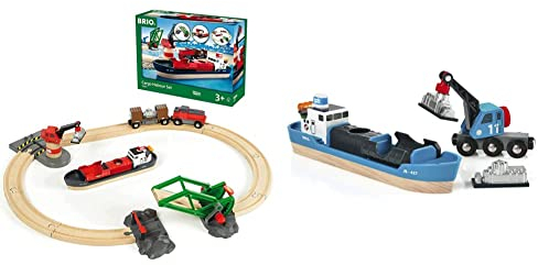 BRIO World 33061 Container Hafen Set - Mit Hafenbrücke und beweglichem Kran zum Beladen des Frachtschiffes - Geeignet für Kinder ab 3 Jahren & Bahn 33534 - Containerschiff mit Kranwagen