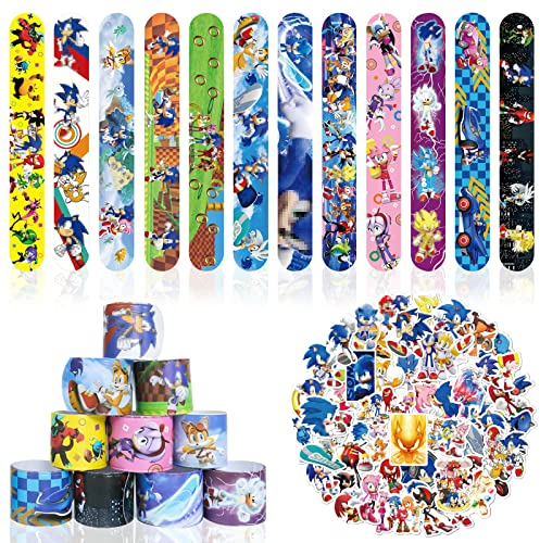 Acuiwer Schnapparmband 12 Stück Slap Armbänder mit 50 Aufkleber Kindergeburtstag Gastgeschenke Party Slap Bracelet für Kinder Mädchen Jungen (*12 stk Snic+50)