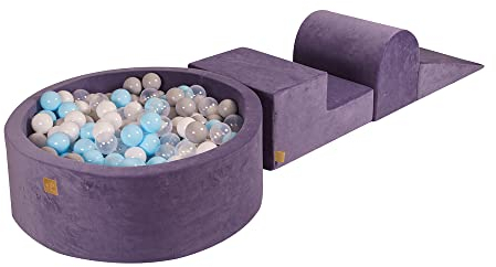 MEOWBABY Spielplatz aus Schaumstoff mit Bällebad 240x45cm - Schaumspielset mit 200 Bälle für Kinder, Velvet, Grau-Blau: Himmelblau/Grau/Weiß/Transparent