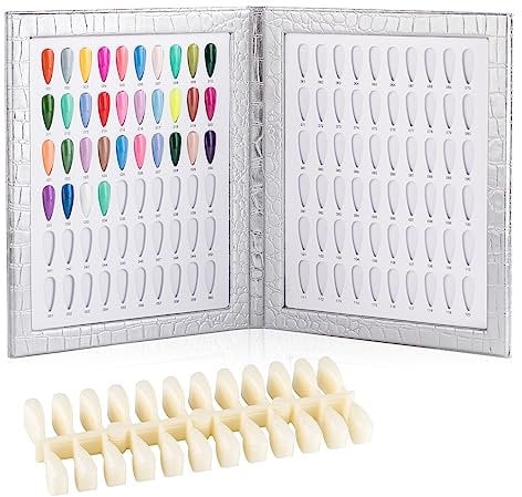 BNG nail Color Display Book Gel Polish & Art 120 Colors Card Chart with 240 Artificial Tips Leather Book for Salon Samples & Pointing Tools Silver
