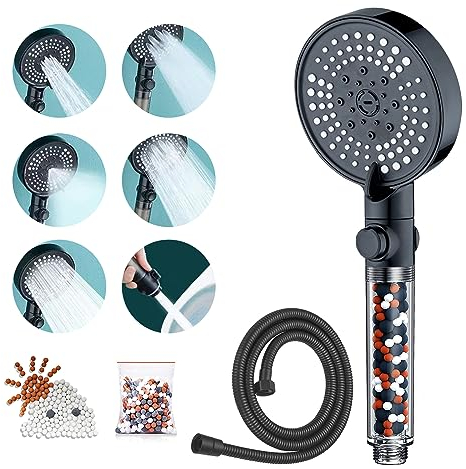 Pommeau de Douche Stop Avec Tuyau 1,5m Pommeau Douche anti Calcaire, Noir Economie deau Pommeau de Douche Haute Pression with PP Filter Cotton anti Calcaire Douche free 2 Packs Boules MinéRales
