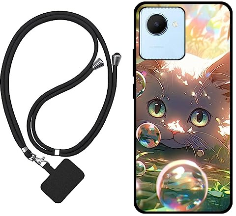 Sunrive Hülle Kompatibel mit realme C30 Case,matt Handyhülle Schutzhülle Etui Karikatur Muster TPU Backcover (Blase Katze) +1x Universale Handykette MEHRWEG
