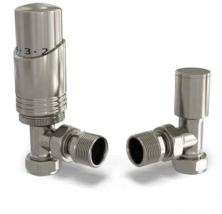 UK Radiators Satin Nickel Radiator Valve 10mm Angled Lockshield Valve in Satin Nickel and Polished Finish - Classy and Modern Design 1/2 x 10mm Angled Radiator Valve