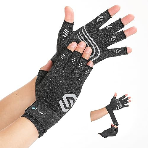 Duerer Arthritis-Kompressionshandschuhe mit Riemen, Damen Herren für RSI, Karpaltunnel, Rheuma, Sehnenscheidenentzündung, Handschmerzen, Handstütze. Fingerlose Handschuhe für Computer (Grau, M)