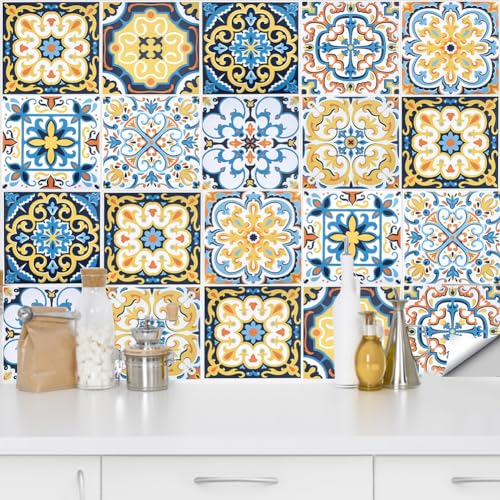 QUCUMER 20 Pz Adesivi per Piastrelle 15x15cm Piastrelle Adesive Impermeabile in Stile Marocchino Adesivi per Piastrelle da Parete Mattonelle Adesive per Cucina Bagno Camera da Letto Scale e Fai da Te
