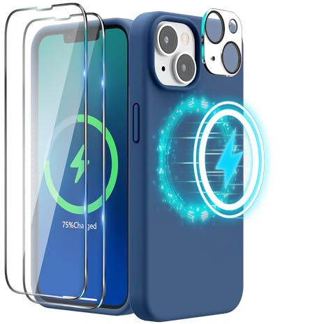 SURPHY Magnetic Silicone Case Designed for iPhone 14 Case, with 2 Pack Screen Protector + 1 Pack Camera Lens Protector, Liquid Silicone Compatible with MagSafe for iPhone 14 6.1 inch, Blue Jay