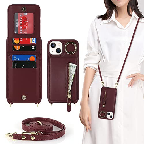 CAVOR Handykette iPhone 14/13 Hülle Mit Band,Flip Leder Geldborse Handyhülle,[4 Kartenfach][Mit Ring Stander],Klapphülle Handyhülle mit Umhängeband - Burgunder