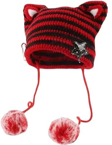Y2k Beanie mit Katzenohren, Gyaru, Acubi-Teufel, Häkelmütze, niedlicher Kawaii-Stern, Grunge, ästhetische Pompons, Cutecore Y2k Harajuku Kleidung, Rot/Ausflug, einfarbig (Getaway Solids),