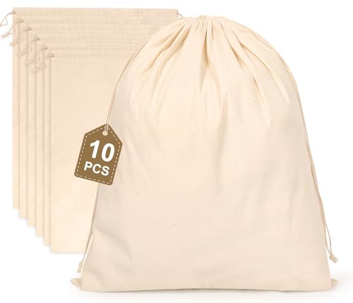 10PCS Cotton Storage Bags with Drawstrings, X-Large 14x17inch Multipurpose Canvas Fabric Bread Bags, Reusable Muslin Bulk Flour Sack Bags, Natural Potato Onion Storage Bags, Cloth Shoe Bags