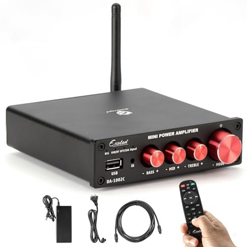 EXOTON Amplificateur de puissance Bluetooth 5.0 stéréo audio 2 canaux, mini amplificateur Hi-Fi classe D intégré 2.0 CH pour haut-parleurs passifs, 100 W x 2 avec contrôle des basses et des aigus