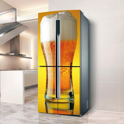 Fridge Wraps Kitchen Fridge Stickers Cover Full Doors, Fridge Sticker Full Covering Door Fridge Covers Skins Wall Stickers for Kitchen Decal, Seduced bubbling Beer Cool Summer