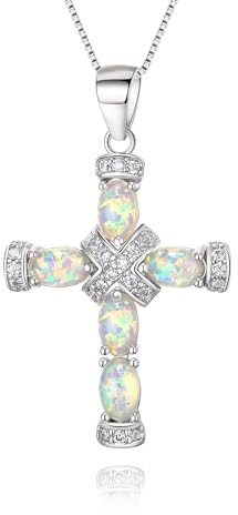 EVER FAITH Oktober Geburtsstein erstellt Oval-förmigen Opal Halskette für Damen Mädchen, klassische Kreuz Anhänger Box Kette für Muttertag Weiß Silber-Tone