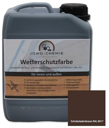 JOWO-CHEMIE Peinture de protection contre les intempéries (5 kg) Peinture pour bois, clôture, jardin sur bois de toutes sortes, Grand choix de couleurs Peinture acrylique (marron chocolat RAL 8017)