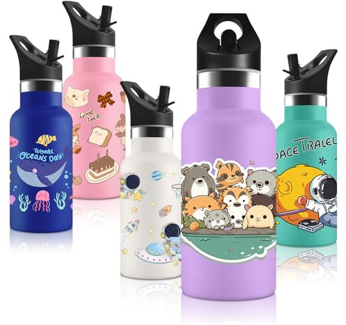Vikaster Botella agua Acero Inoxidable con Tapa de Popote y asa, Botella Agua Niños, Sin BPA, 350Ml, Botella Termica Reutilizable, para Adultos, Niños, Escuela, Ciclismo, Gym, Deportiva