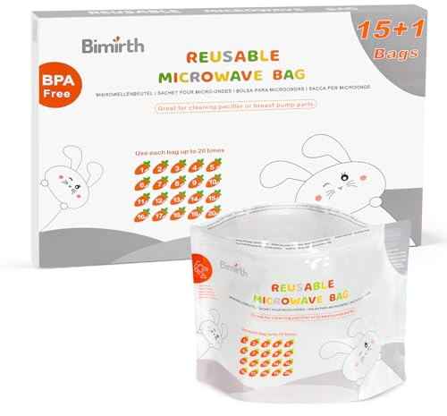 Bimirth Microwave Steriliser Bags, Pack of 16 Reusable, Only 3 Minutes, Cleaning Baby Bottles, Pacifier, Teethers & Training Cup, Breast Pump Parts or Accessories, 20 Uses Per Bag, Chemical Free