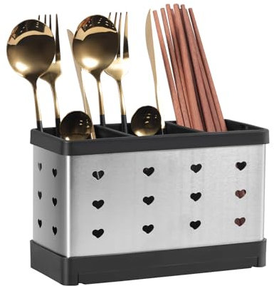 keilend Utensil Holder, Cutlery Drainer 3 Compartments with Removable Tray, Stainless Steel Utensil Pot with Ventilation Holes, Silver Cutlery Holder for Forks, Spoons, and Knives (8x3.5x5 Inch