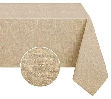Romanstile Tischdecke Wachstuchtischdecken abwaschbar Tischdecke Khaki mit Leinenoptik Struktur PVC Wasserdicht Wetterfest Leinenoptik Tischtuch 140x180 cm für Outdoor,Garten,Draußen,Party,Weihnachten