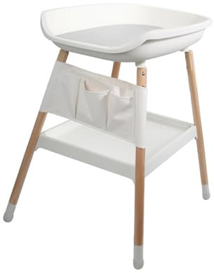simpa Height Adjustable Baby White Changing Table with Grey Changing Pad, Storage Pouch and Large Storage Rack.