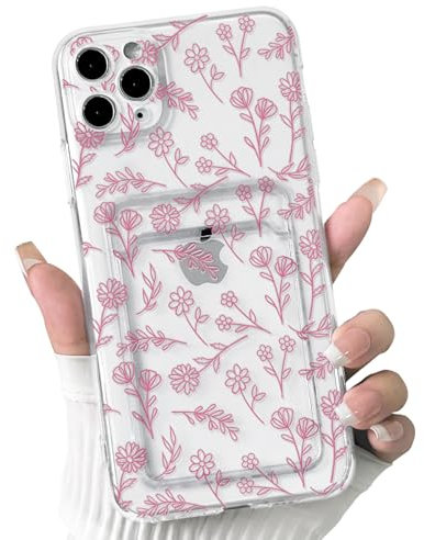 NITITOP Compatible with iPhone 11 Pro Case Clear with Card Holder Cute Flower Floral Leave Pattern for Women Girl Soft TPU Shock-absorbing Wallet Case Protective Phone Cover - Pink