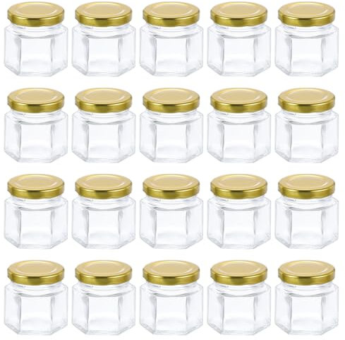sourcing map Lot de 20 petits pots à miel hexagonaux en verre avec couvercles dorés pour fête de mariage, fête prénuptiale - 56,7 g