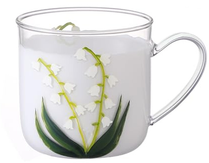 Cottea 12 oz/350 ml Handbemalte Wassergläser Mit Henkel, Kaffeetassen Aus Klarem Glas, Teetasse Für Heiße Getränke, Latte Gläser, 1 Packung. (Maiglöckchen)