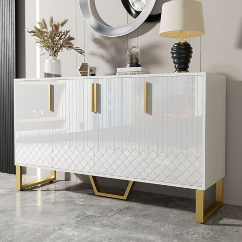 KOMHTOM Meuble de Rangement Salon Cuisine avec 4 Portes, Meuble Chambre Adulte avec séparateurs Buffet Blanc Brillant