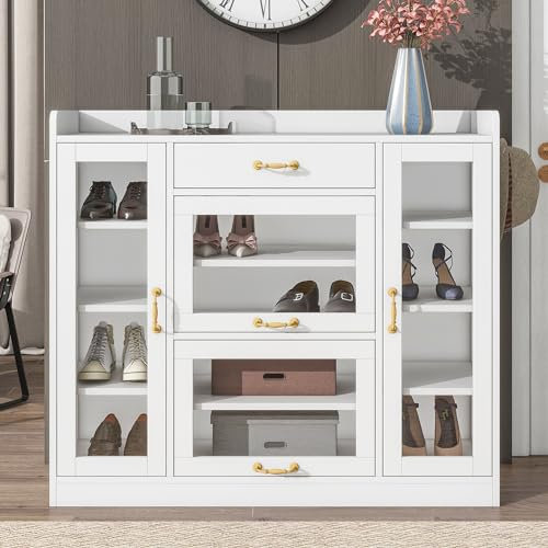 Zapatero, Zapatero con 4 Puertas de Cristal y 3 Ganchos, Zapatero con estantes Ajustables, Vitrina para Pasillo, Sala de Estar, Dormitorio (Blanco), Grande