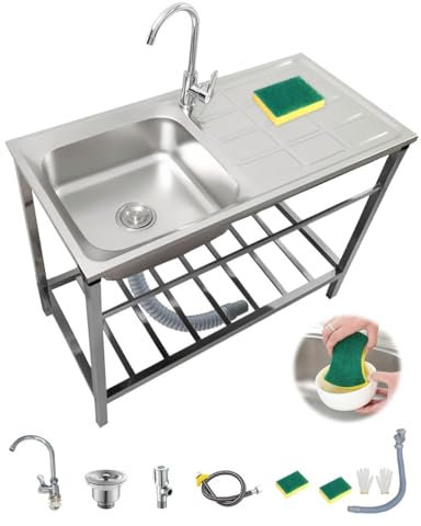 Gastro Waschbecken Edelstahl, Spülbecken Küche, Spüle Freistehend, Cken Küche Mit Wasserhahn & Schwammbürste, Für Den Innen- Und Außenbereich, Garagen, Außen Innen, Wäsche