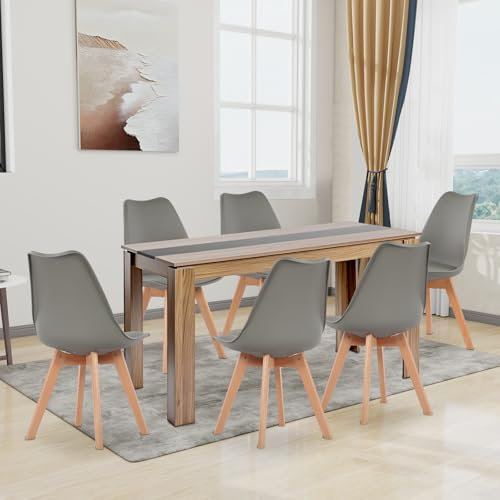 FURNITABLE Juego de 6 sillas de comedor y mesa de comedor rectangular de 140 cm, para salón, cocina, oficina (mesa de nogal y negro, 6 sillas gris)