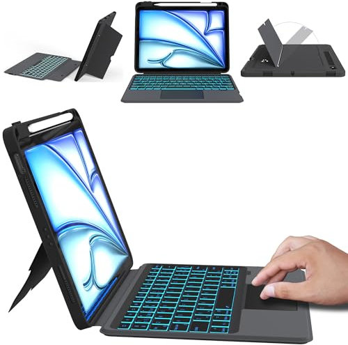Funda con Teclado Español Ñ para iPad Air 11 (M3/M2, 2025/2024)/Air 5/Air 4/Pro 11 (4/3/2/1 Gen) - Retroiluminación de 7 colores + panel multitáctil + Funda desmontable para teclado inalámbrico