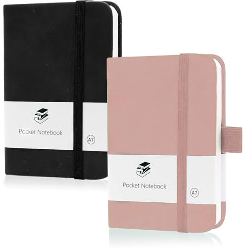 Thokono 2er Pack A7 Notizblock, mini notizbuch kleines Notizbuch mit elastischem Verschluss, Stifthalter, Mini-Taschen mit 200 Seiten für Schule, Arbeit (Schwarz+Grün) (schwarz rosa)