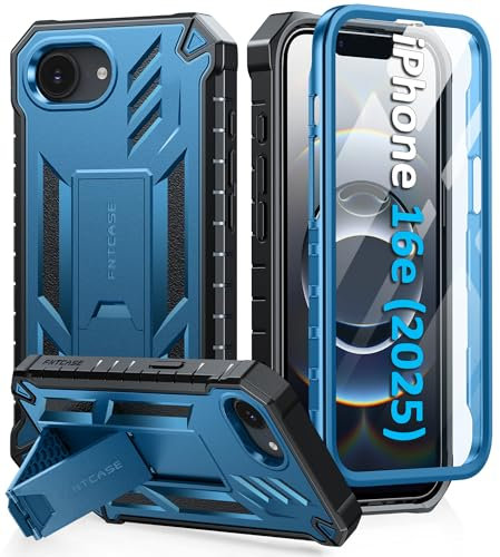 FNTCASE for iPhone 16E 2025 Case: for iPhone 16E Military Grade Drop Proof Protection Mobile Cover with Kickstand | Matte Textured Rugged Shockproof TPU | Protective Sturdy Phone Case - Blue