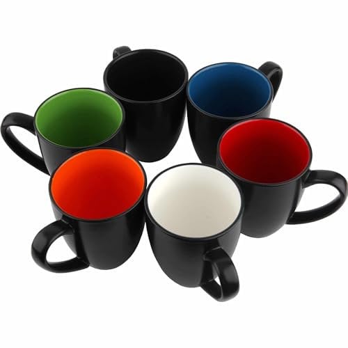 AiXception Black Coffee Mugs Set of 6 for Latte Cappuccino Hot Chocolate Stoneware Cups Set 12OZ(350ml) Red/White/Blue/Green/Orange/Black Inside