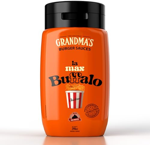 Max Protein Grandma's - LA MAX BUFFALO - Salsa Búfalo - Salsa Toque Picante e Intenso, para Allitas, Hamburguesas - Menos de 18 kcal por toma - Baja en Azúcares y en Grasas - Colab Cocina del Pirata