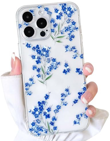 NITITOP for iPhone 14 Pro Case Cute Clear Flower Branch, Blue | for Women Girls, Aesthetic Artistic Floral Design, Transparent Soft TPU Shockproof Cover, Full Camera Protection