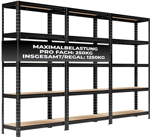 ALL Premium Schwerlastregal 3er-Set 150x75x30cm Schwarz – Bis 1250 kg belastbar, höhenverstellbar, Stecksystem, ideal für Lager, Garage & Keller