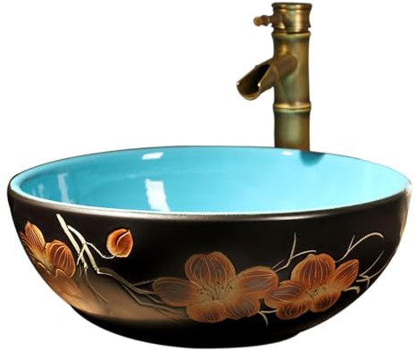asdchZen Lavabo De Baño, Lavabo con Flor De Magnolia Esmaltada En Azul, Lavabo De Encimera De Arte Vintage, Estilo Magnolia Esmaltada En Azul