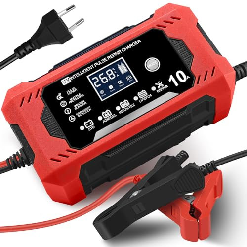 10A/12V Mantenitore Batteria Moto Intelligente Mantenitore di Carica moto Auto, Intelligente Schermo LED Carica Batterie Completamente Automatico per Moto,Barche