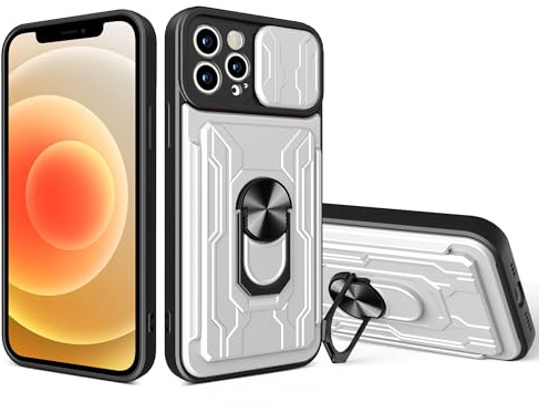 JayModCase For iPhone 13 Pro (6.1 Inch) Case with Slide Camera Cover & Ring Holder, Detachable Sliding Card Holder Slot Kickstand Military Grade Rugged Case for iPhone 13 Pro 6.1 Inch - White