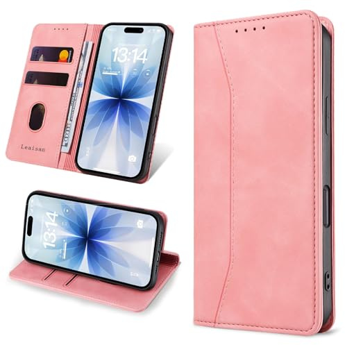 Leaisan Handyhülle für iPhone 17 Hülle Premium Leder Flip Klappbare Stoßfeste Magnetische [Standfunktion] [Kartenfächern] Schutzhülle für iPhone 17 Tasche - Rose Gold