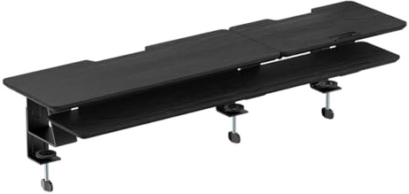 Spacetronik Monitorständer Schreibtisch Erhöhung neigbar mit Klemme | Stahl und MDF, 106 cm Breite, 35 kg Tragkraft, 0-55° neigbar, Tablet- und Handyhalterung, Kabelmanagement