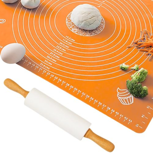 Winder Home | Nudelholz Mit Backmatte Backutensilien, Silikon Beschichtet | Antihaft Nudelholz Silikon Backzubehör Mit Holzgriff Für Pizza, Nudelteig, Cookie, Kuchen, Gebäc (Orange (L) 43 cm)