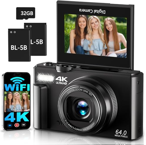 4K 64MP Digitalkamera mit WLAN, 180° Flip Screen Autofokus Vlogging Fotoapparat mit Selfie, WiFi Kompaktkamera, 16X Digitalzoom,mit 32GB Karte 2 Batterien für Anfänger