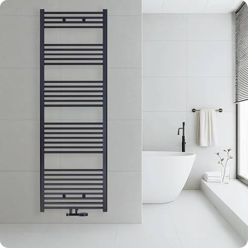 Belvit Badheizkörper, 1800x600 mm, 944 Watt, Mittelanschluss, Nabenabstand 50 mm, Qualitätsstahl, Schwarz matt gebürstet, wandhängend, wasserbetrieben, Badheizkörper, Heizkörper, Handtücher