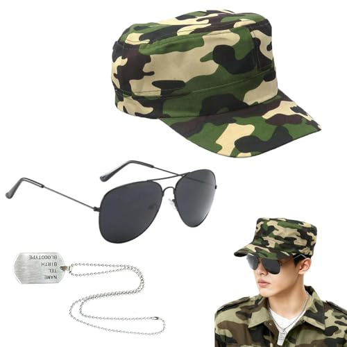 AYZDJ 3 PCS Militärkostüm-Set für Erwachsene, Soldatenkostüm mit Tarnkappe, Pilotenbrille und Soldatentag-Halskette