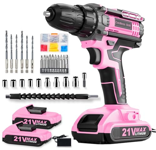 Pink Cordless Drill Set, 21V Drilldriver and Screwdriver Set with 2 Batteries, 10mm Chuck, 25+1 Electricdrill, Power Combi BatteryDrill, 90 Pcs Accessories for Home Repair DIY & Women Gift